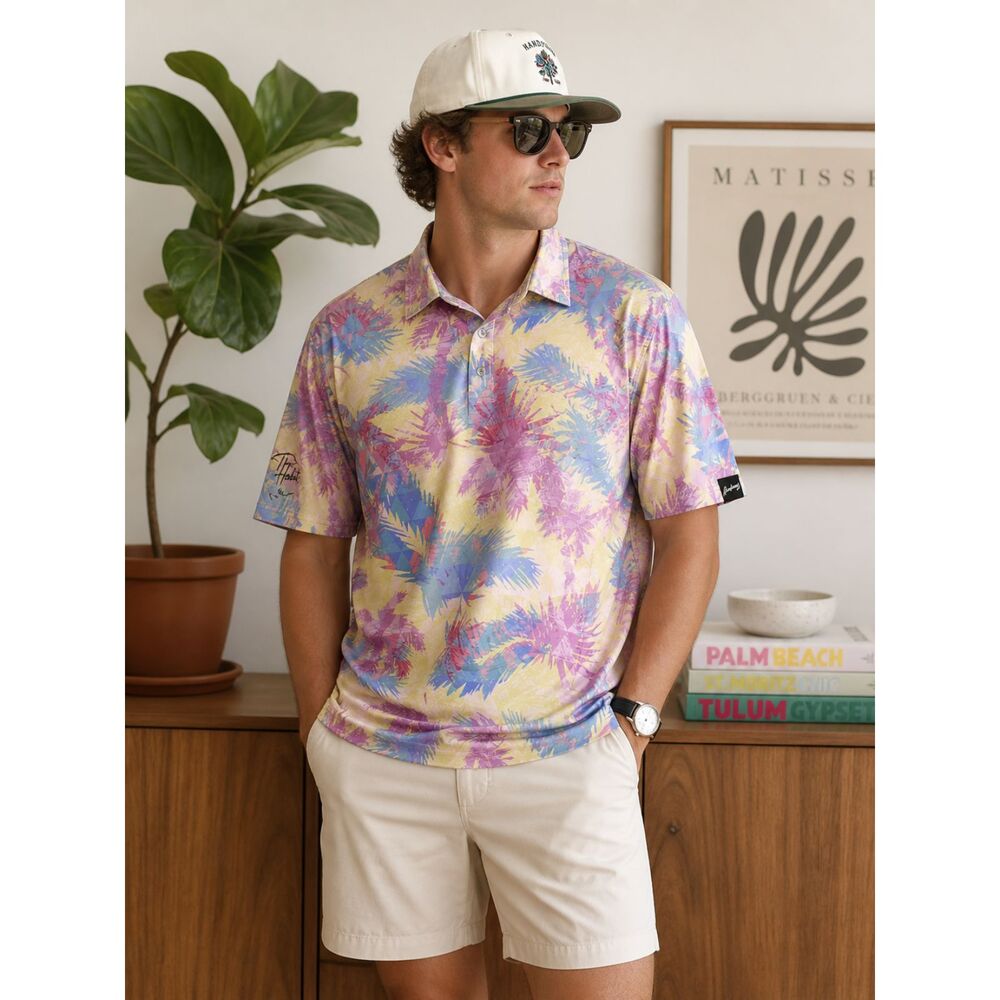 Handsome Bogey Polo Shirt Golf Tropical Maldives Palm Tree Print Pastels L